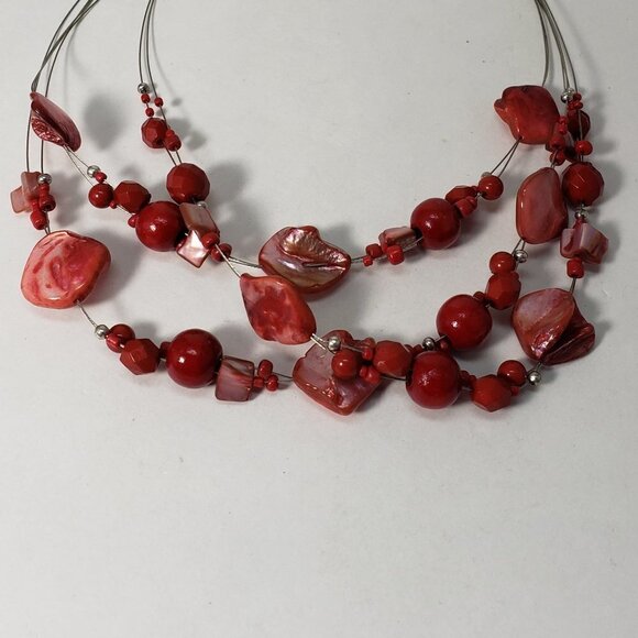 Layered Red Seashell Bead Necklace – Silver Tone Multi-Strand Statement Jewelry - Picture 8 of 8